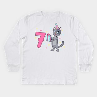 I am 7 with cat - girl birthday 7 years old Kids Long Sleeve T-Shirt